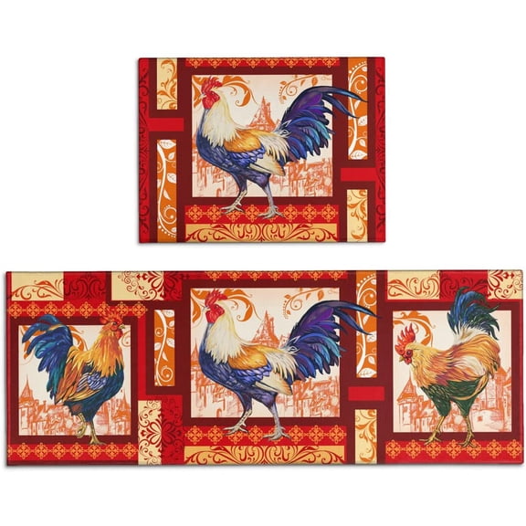 Rooster Kitchen Rug - Kitchen Mat Set of 2, Red Kitchen Rugs Farmhouse Style, Unique Rooster and Chicken Kitchen Decor, Rooster Themed Decorations Stuff Gifts for Kitchen, Kitchen Rugs Rooster Theme