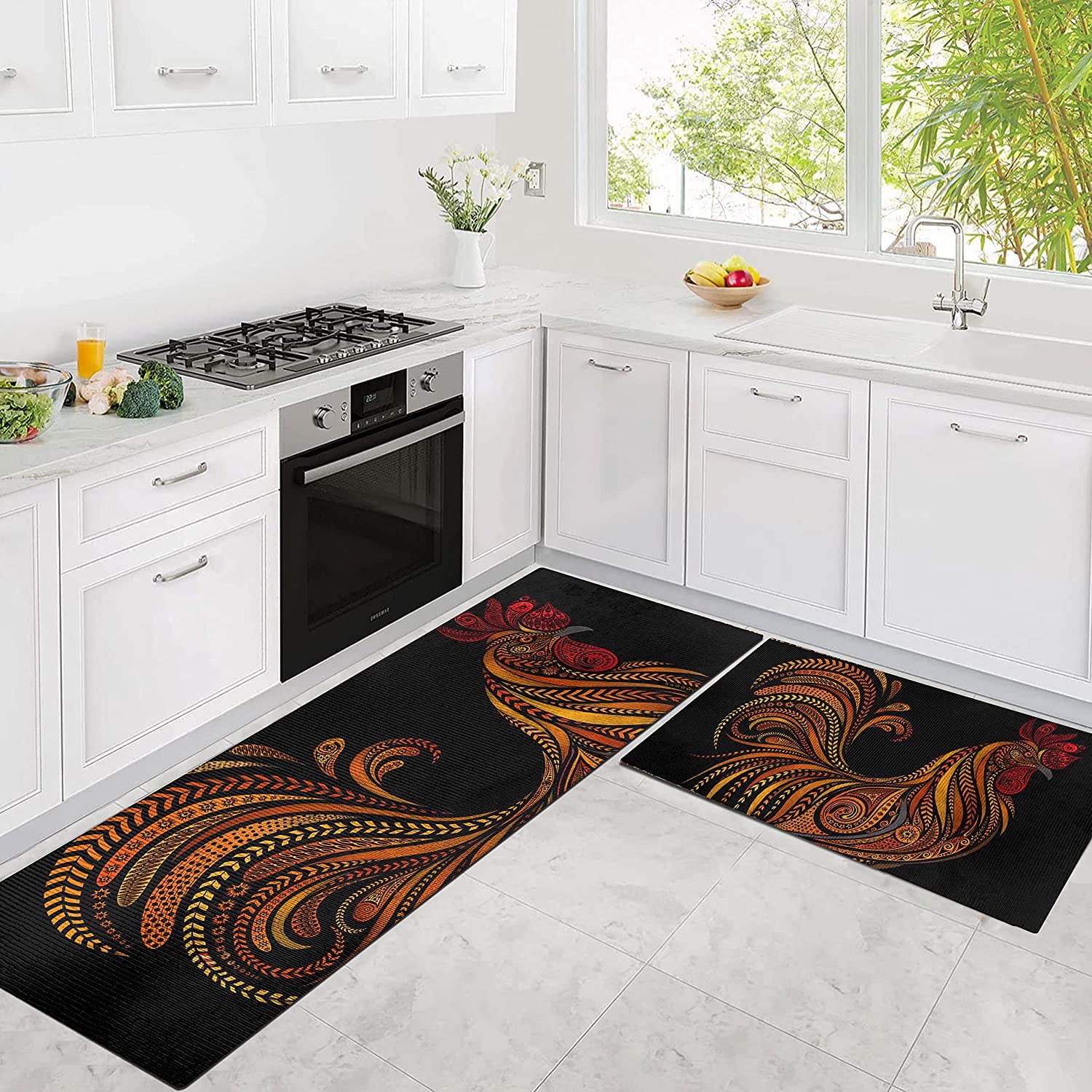 "Rooster Themed Memory Foam Kitchen Mat Set, Anti Fatigue, 2 Piece Set