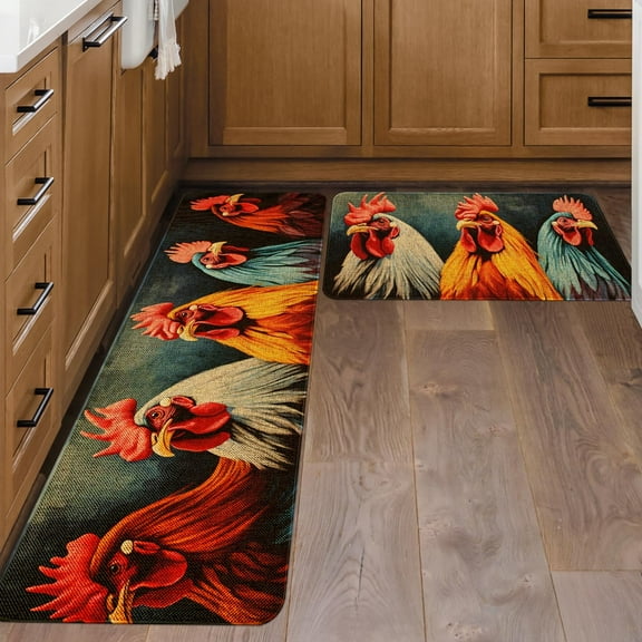 Rooster Kitchen Rug Sets 2 Piece Farmhouse Kitchen Mats for Floor Non Slip Washable Thin Kitchen Area Rug Floor Mat Waterproof Hallway Laundry Room Runner Rug 17x29 and 17x47 Inch