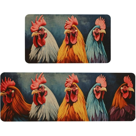 Rooster Kitchen Rug Sets 2 Piece Farmhouse Kitchen Mats for Floor Non Slip Washable Thin Kitchen Area Rug Floor Mat Waterproof Hallway Laundry Room Runner Rug 17x29 and 17x47 Inch