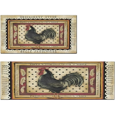 Rooster Kitchen Rugs Farmhouse Style Kitchen Mats for Floor Anti Fatigue Memory Foam Kitchen Mat Cushioned PVC Leather Kitchen Rug Set, Beige 17.3x28+17.3x47 inch