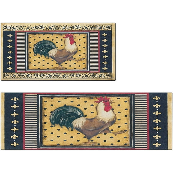 Rooster Kitchen Rugs Farmhouse Style Kitchen Mats for Floor Anti Fatigue Memory Foam Kitchen Mat Cushioned PVC Leather Kitchen Rug Set, Black 17.3x28+17.3x47 inch