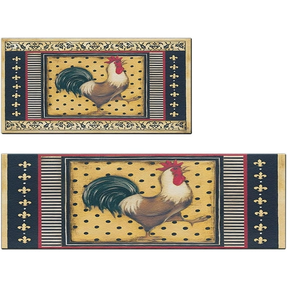 Rooster Kitchen Rugs Farmhouse Style Kitchen Mats for Floor Anti Fatigue Memory Foam Kitchen Mat Cushioned PVC Leather Kitchen Rug Set, Black 17.3x28+17.3x47 inch