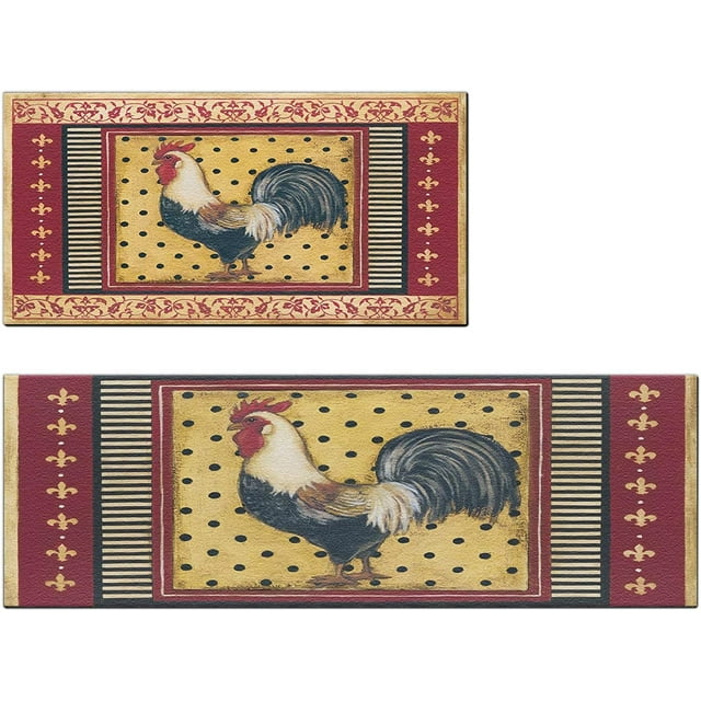 Farmhouse Rooster Kitchen Rugs, Memory Foam Mats, red PVC Leather Set