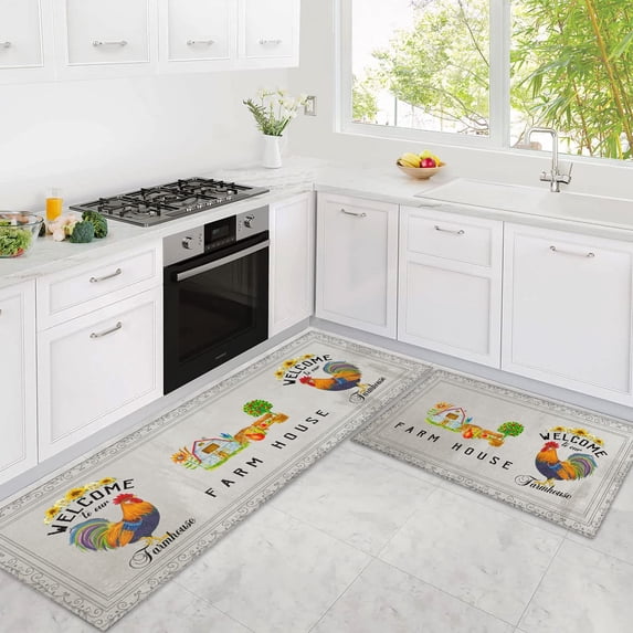 Rooster Kitchen Rugs for Kitchen Floor, Farmhouse Decor for the Kitchen Mats Cushioned Anti Fatigue 2 Piece Set and Memory Foam Kitchen Mat Set of 2 for Home Kitchen Decor or Office 17"x30"+17"x47"