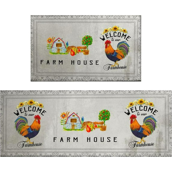 Rooster Kitchen Rugs for Kitchen Floor, Farmhouse Decor for the Kitchen Mats Cushioned Anti Fatigue 2 Piece Set and Memory Foam Kitchen Mat Set of 2 for Home Kitchen Decor or Office 17"x30"+17"x47"