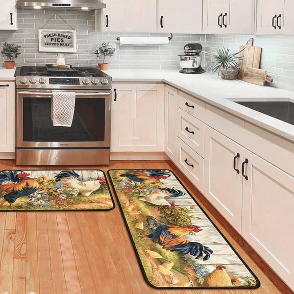 Rooster Kitchen Rugs and Mats Non Skid Washable Absorbent Microfiber Kitchen Mat for Floor, Kitchen Mat Set of 2 Rooster Kitchen Decor Stain Resistant 17"x47"+17"x30"