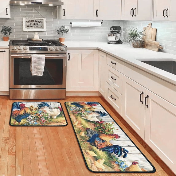 Rooster Kitchen Rugs and Mats Non Skid Washable Absorbent Microfiber Kitchen Mats for Floor Anti Fatigue Kitchen Mat Set of 2 Rooster Kitchen Decor Stain Resistant 17"x47.2"+17"x23.6"
