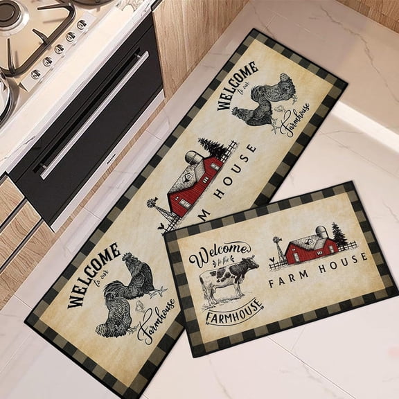 Rooster Kitchen Rugs and Mats Non Skid Washable Set of 2, Cartoon Farmhouse Chicken Kitchen Mats for Floor, Black White Kitchen Runner Rug, Vintage Kitchen Decor