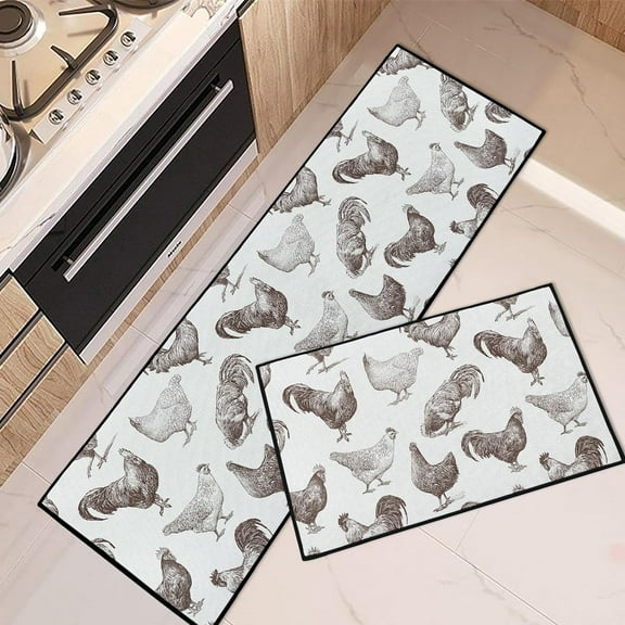 Rooster Kitchen Rugs and Mats Non Skid Washable Set of 2, Vintage Chicken Hen Kitchen Mats for Floor, Country Farm Kitchen Runner Rug, Rustic Kitchen Decor