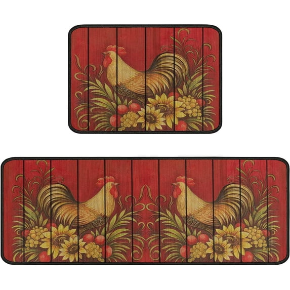 Rooster Kitchen Rugs and Mats Sets of 2,Red Farmhouse Kitchen Decoration Rugs,Rubber Backing Non-Slip Floor Mat for Sink Washable Waterproof Laundry Room Runner Rugs