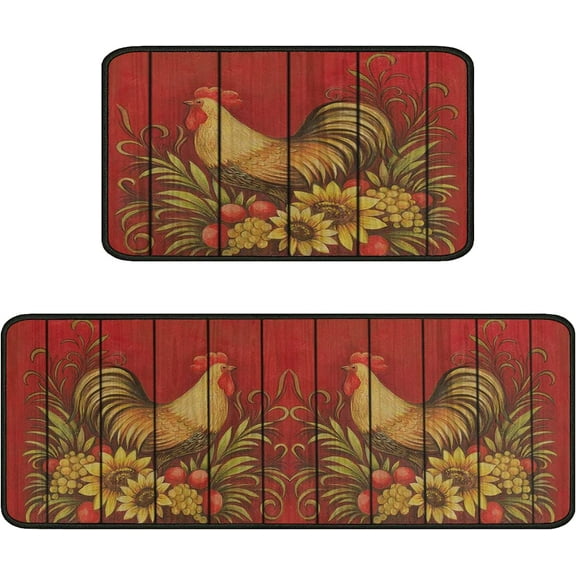 Rooster Kitchen Rugs and Mats Sets of 2,Red Farmhouse Kitchen Decoration Rugs,Rubber Backing Non-Slip Floor Mat for Sink Washable Waterproof Laundry Room Runner Rugs