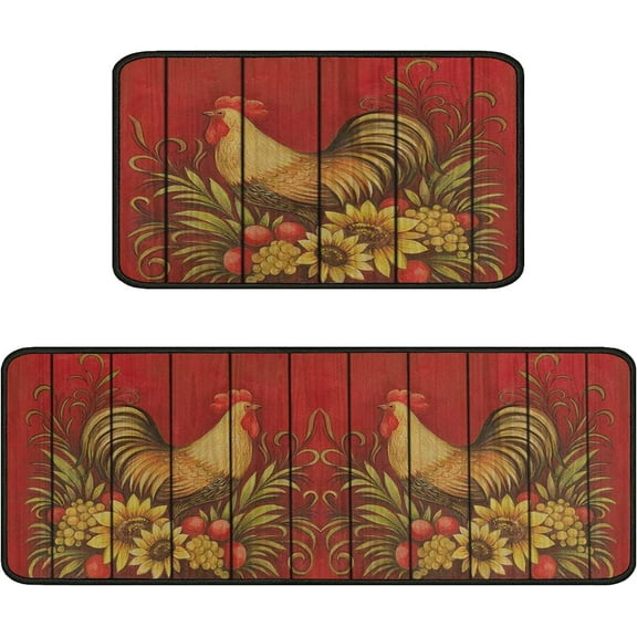 Rooster Kitchen Rugs and Mats Sets of 2,Red Farmhouse Kitchen Decoration Rugs,Rubber Backing Non-Slip Floor Mat for Sink Washable Waterproof Laundry Room Runner Rugs