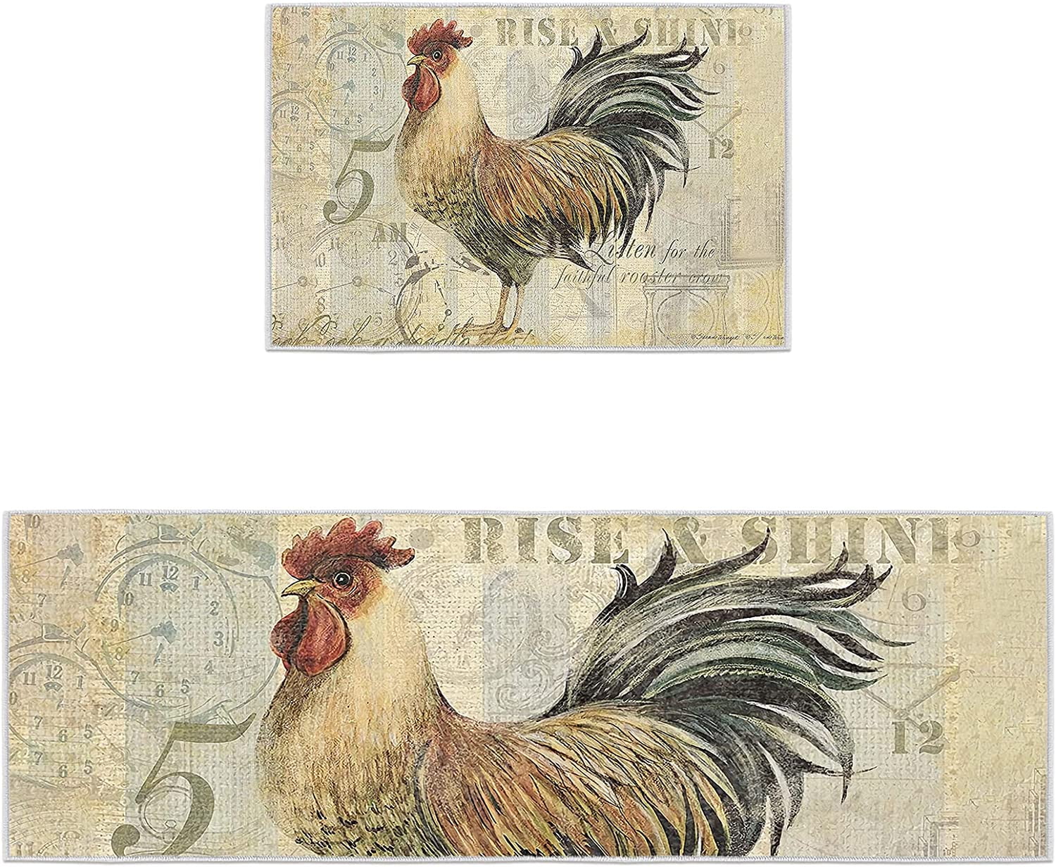 Rooster Kitchen Rugs and Mats,Vintage Morning Cock Washable Runner Rug