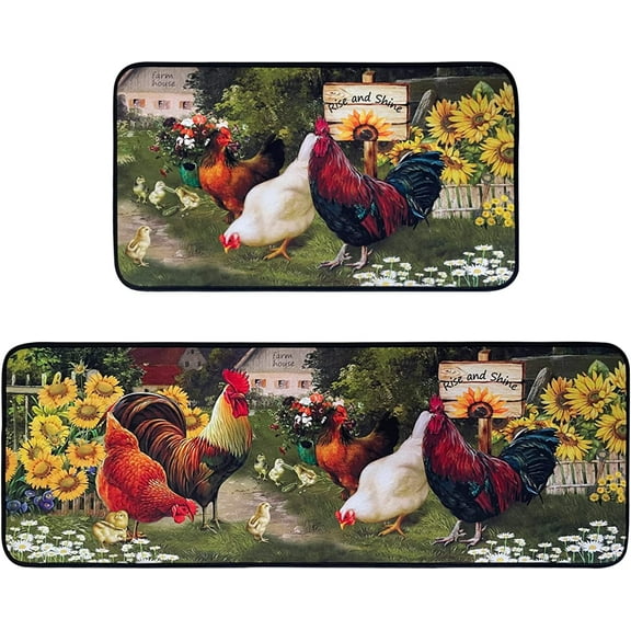 Rooster Kitchen Rugs,Non Skid Washable Microfiber mats for Kitchen Floor,Farmhouse Sunflower Kitchen Cushioned Runner Rug Decor Sets of 2, Size 17"x 47"+17"x 30"