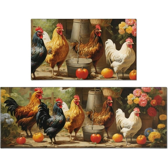 Rooster Kitchen Rugs Sets of 2, Chicken Farmhouse Washable Anti Fatigue Kitchen Runner Mats for Floor, Non Slip Comfort Standing Holiday Decor Mat for Sink, Laundry, Office 17"x 47"+17"x 30"