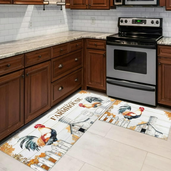 Rooster Kitchen Rugs and Mats Non-Skid Washable for Floor, Rooster and Chicken Kitchen Decor and Accessories Kitchen Mat Set of 2, 17"x30"+17"x47"