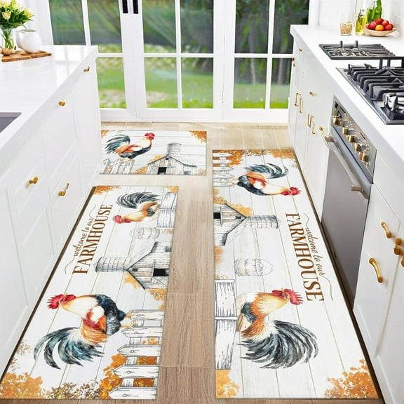 Rooster Kitchen Rugs and Mats Non-Skid Washable for Floor, Rooster and Chicken Kitchen Decor and Accessories Kitchen Mat Set of 3