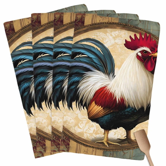 Rooster Kitchen Towel Dish Cloths Set of 4, Microfiber Soft Kitchen Hand Towels, Vintage Rustic Farmhouse Style Oil Painting Absorbent Quick Drying Dishcloths 18 x 28 Inches