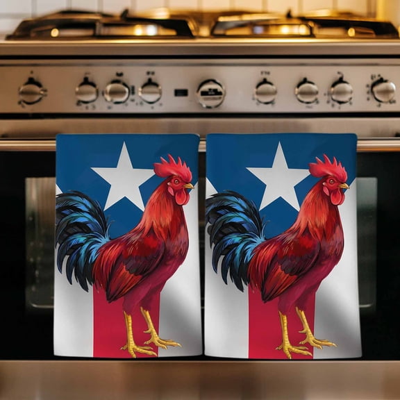 Rooster Kitchen Towels Set of 4, Red Blue White Flag Modern Art Absorbent Dish Towels for Kitchen, Microfiber Hand Towel, Quick Drying Tea Towel for Cleaning Decorative Dishcloths