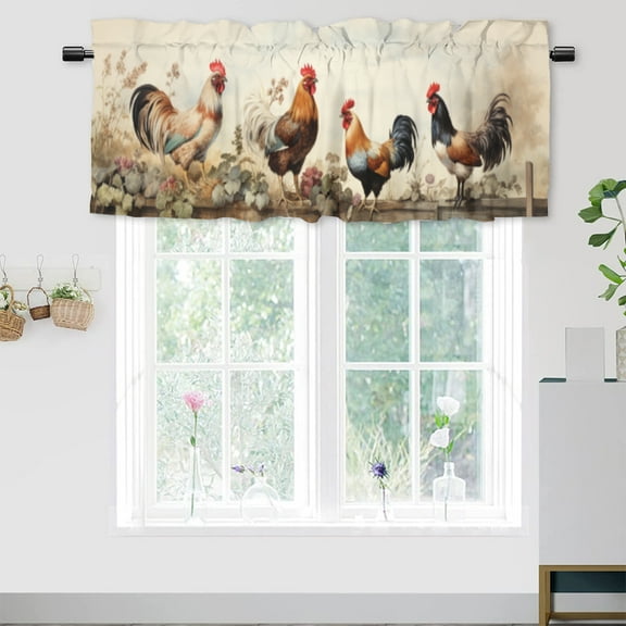 Rooster Kitchen Valance Curtain Rod Pocket Chicken Farm Rustic Farmhouse Floral Flower Fence Country Retro Window Treatment Valance Curtains for Bathroom