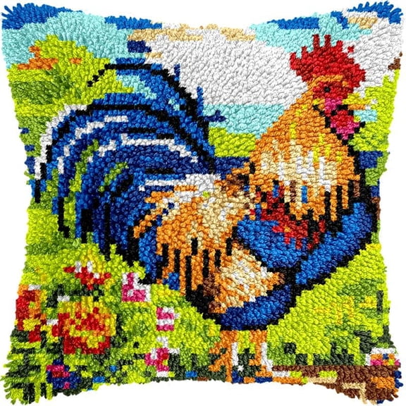 Rooster Latch Hook Kits Pillow DIY Rug Crochet Hook Cushion Making Kits Printed Pattern Canvas Pillowcase Hooking Kits Pillow Cover Crochet Kits 43x43cm(fs19)