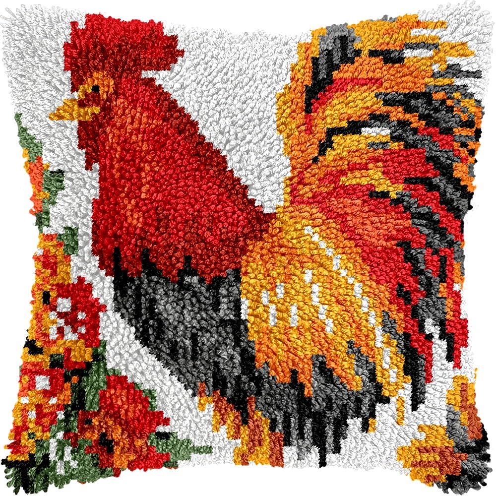 Rooster Latch Hook Pillow Kits for DIY Throw Pillow Cushion Embroidery Latch Hooking Pillowcase Kits with Preprinted Canvas Crochet Yarn Kits for Home Decor 17''X 17''(j62)