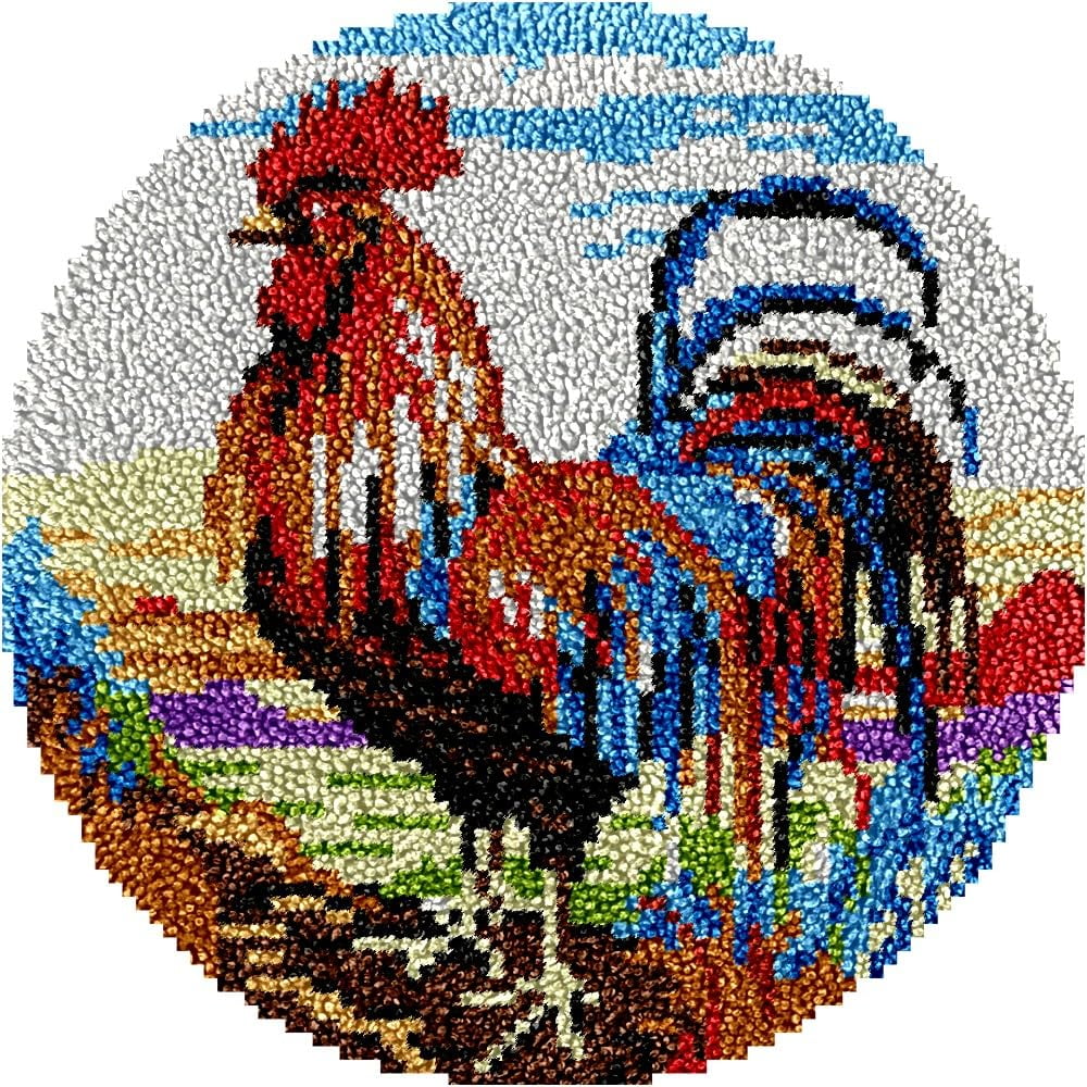 Rooster Latch Hook Round Rug Kits Set for Starter Crochet Handmade Hooking Cushion Mat Sofa Seat Cushion Crocheting Kits with Preprinted Canvas Crochet Yarn Kits 50X50CM (r99)