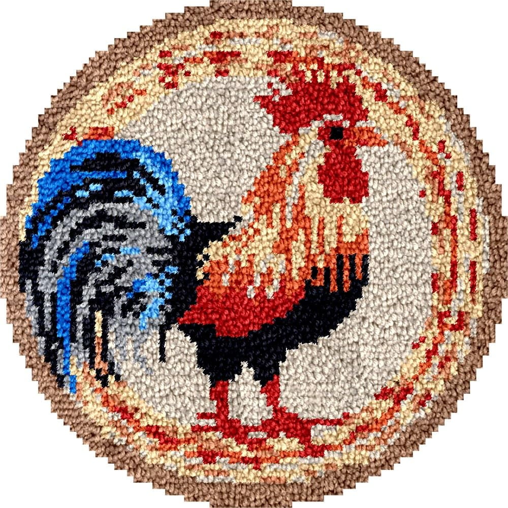 Rooster Latch Hook Round Rug Kits Set for Starter Crochet Handmade Hooking Cushion Mat Sofa Seat Cushion Crocheting Kits with Preprinted Canvas Crochet Yarn Kits 50X50CM (r45)