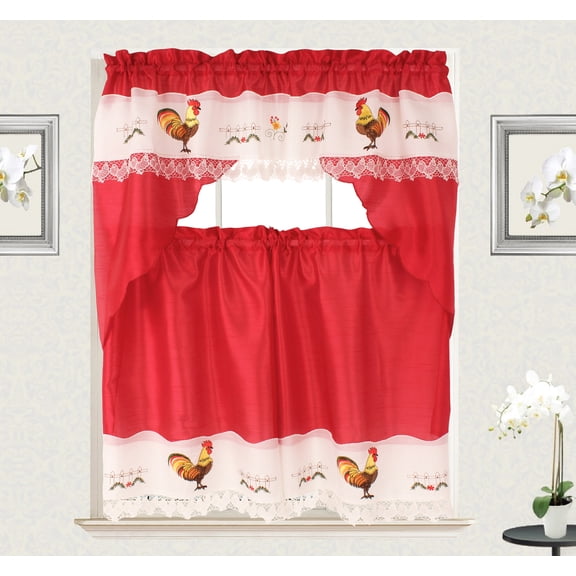Rooster Macrame Embroidery Design Kitchen Curtain with Swag and Tier Set 36 inch Burgundy Color