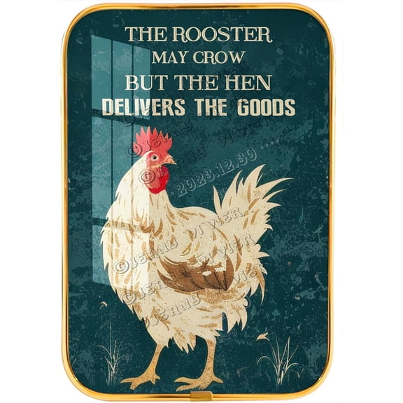 The Rooster May Crow But The Hen Delivers The Goods Crystal Porcelain Painting Framed Wooden Wall Art, Farm Decorative Country Home Decor Farmer Gift Gold Framed Art 12x8 inches