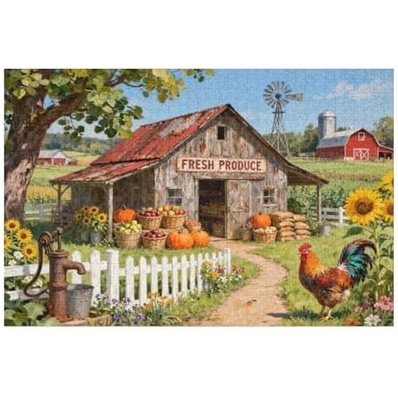 Rooster Meadows Farm Jigsaw Puzzle for Adults 1000 Pieces, Colorful Country Landscape, Fun and Relaxing Family Game Night, Decorative Wall Art Gift for Adults