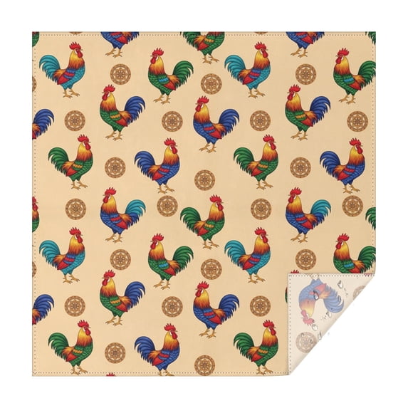 Rooster and Medallion Cream Pattern Square Tablecloth, Waterproof Wipeable Spillproof Washable Table Cover for Home Kitchen Party and Daily Decor 42"x42"