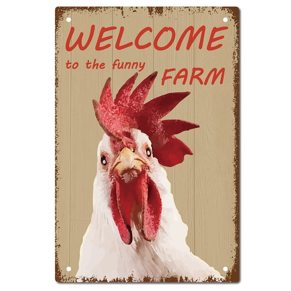 Rooster Metal Tin Sign Welcome to The Funny Farm Retro Poster Plaques with Quotes Vintage Wall Hanging Decor for Farm Yard Farmhouse Home Living