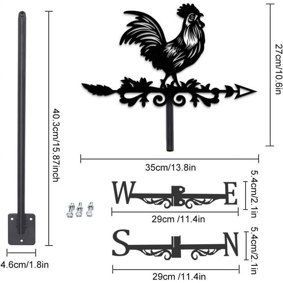 Rooster Metal Weather Vane Black Rooster Weathervane Chick Wind Vane Pure Hand Finished Rooster Iron Direction Sign Roof Garden Outdoor Farmhouse Decor 13.78"x10.63"