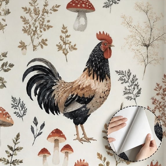 Rooster Mushroom Forest Pattern Wallpaper, Farmhouse Rustic peel and stick wallpaper waterproof, Wall Decoration for Kitchen Cabinet, Living Room, Bedroom, Dining Room, Shelf Liner, 17.7 * 118 in