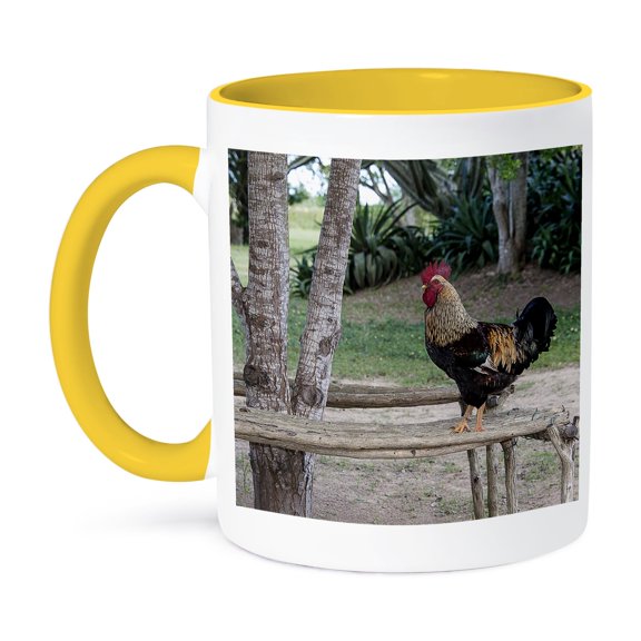 3dRose, ROOSTER NEAR A TREE, 11oz Two-Tone Yellow Mug