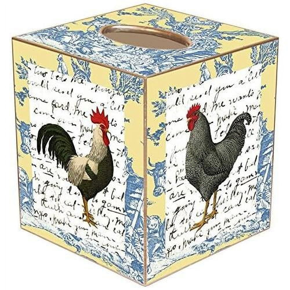 Rooster On Blue And Yellow Toile Paper Mache Tissue Box Cover