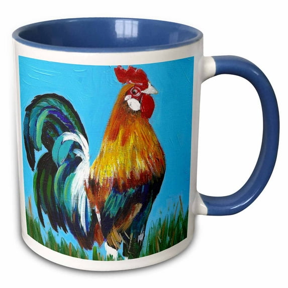 3drose, Rooster on Blue Background, 15oz Two-tone Blue Mug
