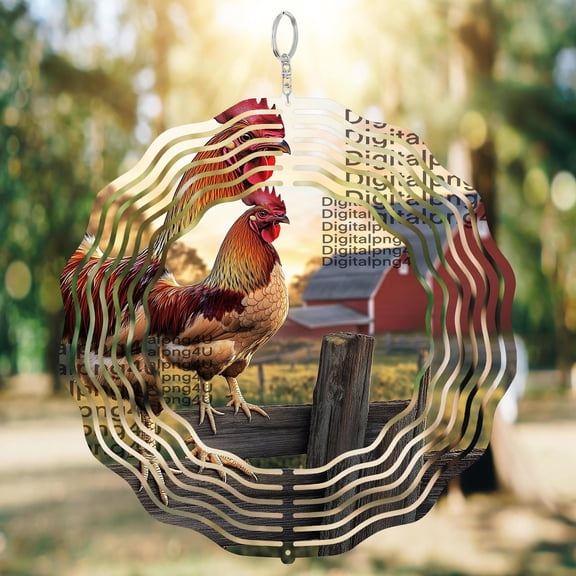 Rooster On Fence And Barn 3D Wind Spinner Sublimation Farm Chicken Hanging Decoration