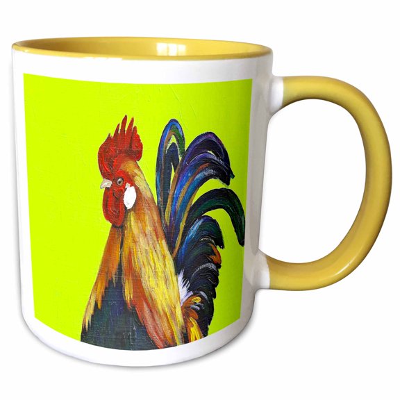 3drose, Rooster on Green Background, 11oz Two-tone Yellow Mug
