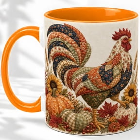 Rooster Patchwork 11oz Accent Mug, Ceramic Drinkware for Farmhouse Kitchen Glossy ceramic mug with double-sided autumn rooster patchwork artwork for daily coffee or tea