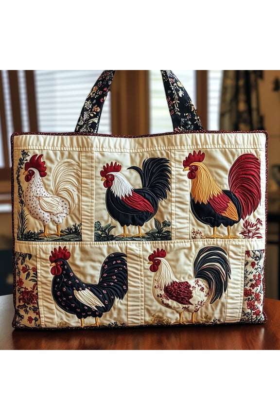 Rooster Patchwork Quilted Tote Bag, Farm Chicken Pattern Shoulder Tote, Rustic Country Market Bag
