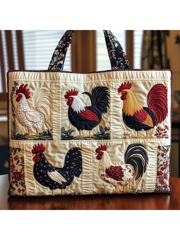 Rooster Patchwork Quilted Tote Bag, Farm Chicken Pattern Shoulder Tote, Rustic Country Market Bag