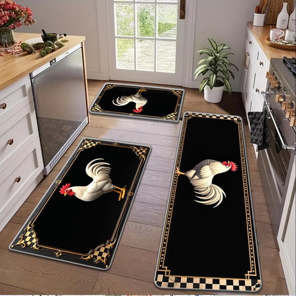 Rooster Pattern Flannel Kitchen Mat Set, Non-Slip Machine Washable Rug for Bedroom Living Room Kitchen Bathroom Home Decor Carpet