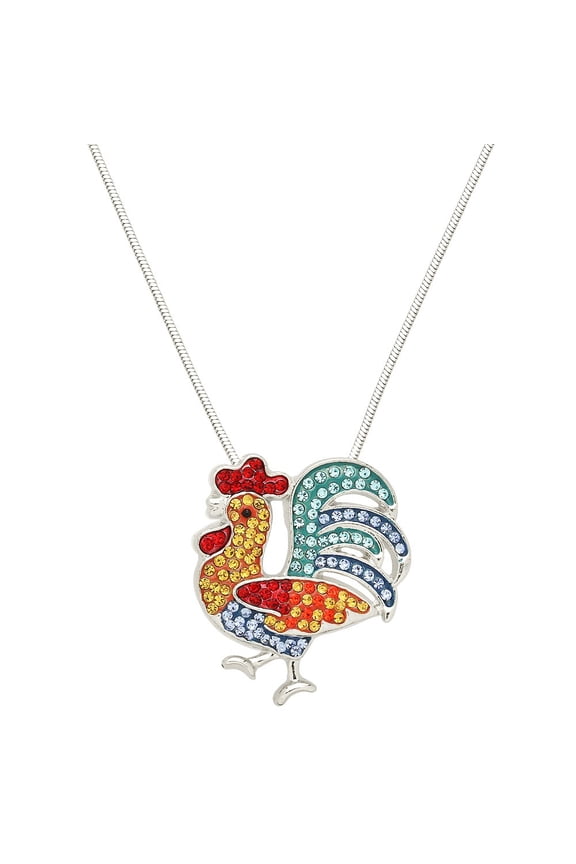 Rooster Pendant Necklace Rhinestone Crystal Rhodium Plated 17 Inch Snake Chain J0980