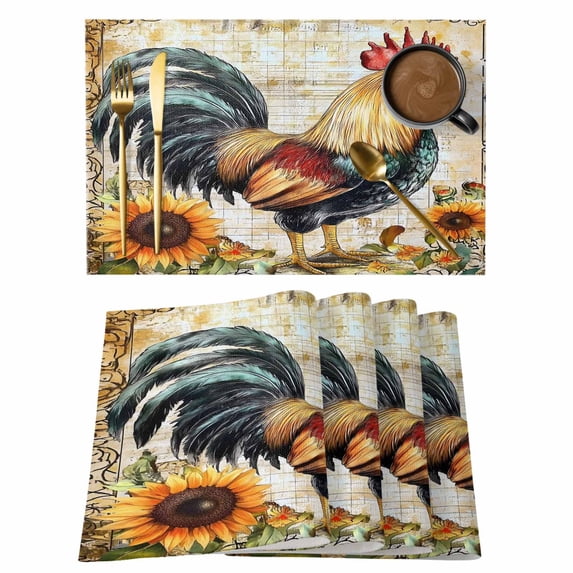 Rooster Placemats Set of 1, Wildflowers Vintage Flowers Farm Watercolor Non-Slip Place Mats Washable Table Mats for Kitchen Dining Table Decorations Indoor/Outdoor