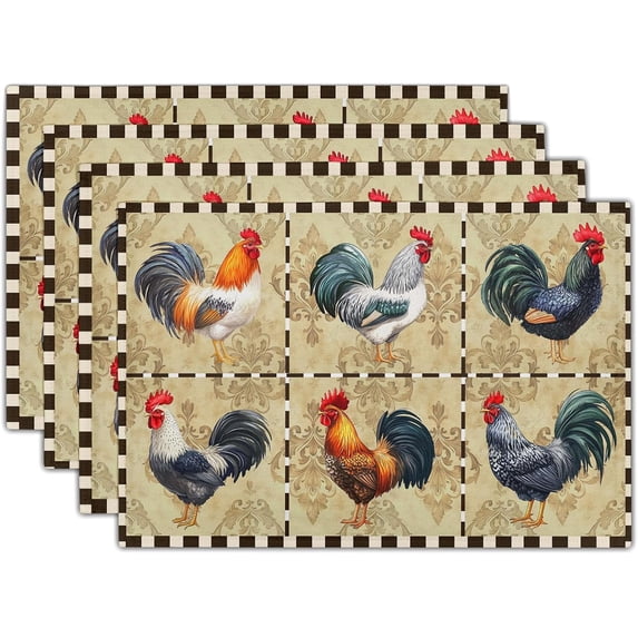 Rooster Placemats Set of 4-12 x 18 Inch Farm Animal Chicken Cotton Linen Table Mat Country Style Buffalo Plaid Decoration Washable Table Place Mats for Kitchen Dining Party