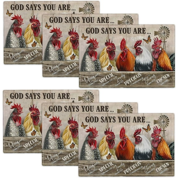 Rooster Placemats Set of 6 Rustic Country Farm Chicken Table Mats Washable Place Mats for Home Party Indoor Kitchen Dining Table Decoration 12x18 Inch