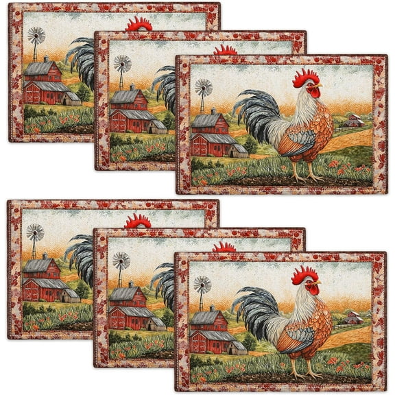 Rooster Placemats Set of 6 Chicken Farmhouse Table Mats Washable Place Mats for Home Party Indoor Kitchen Dining Table Decoration 12x18 Inch